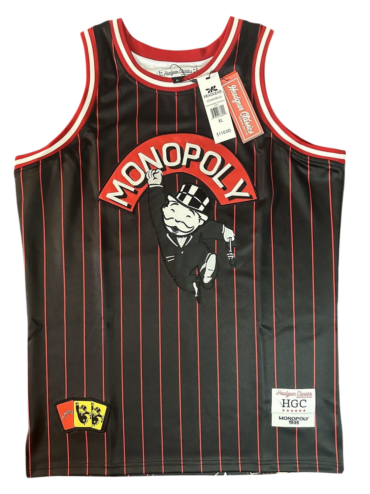 Throwback Rack Monopoly basketball jersey in black with red pinstripes and Rich Uncle Pennybags graphic on the front.