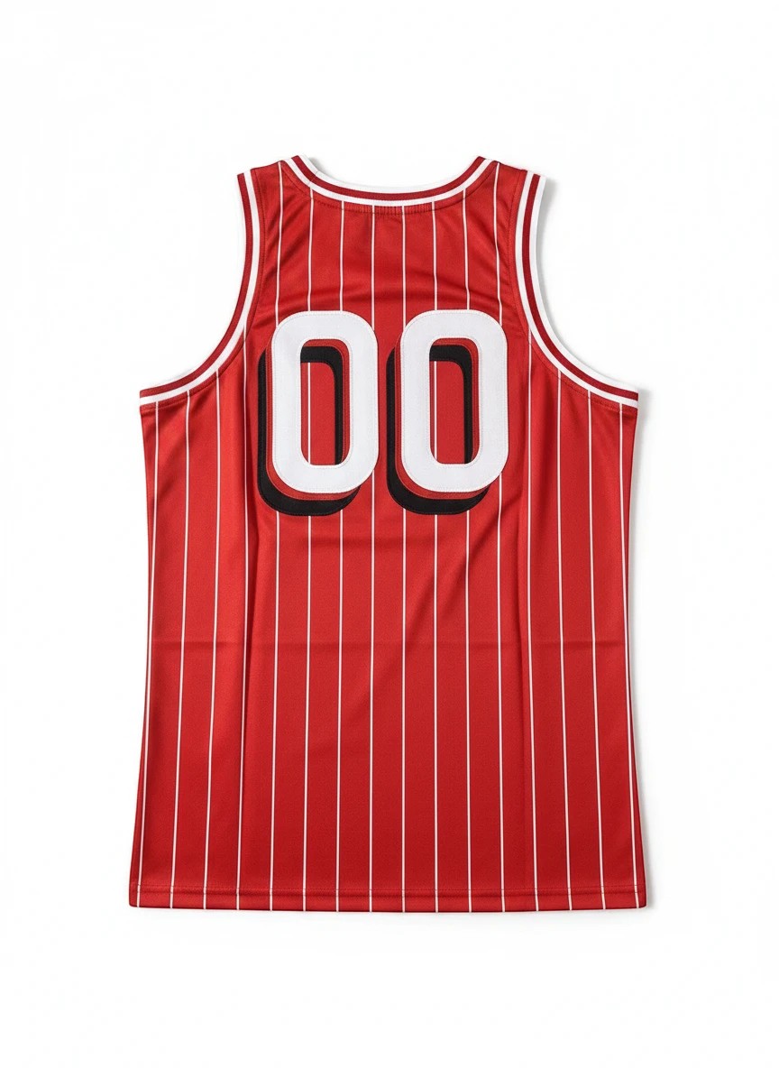 Throwback Rack Monopoly Pinstripe Basketball Jersey, red with white pinstripes and large white "00" on back.