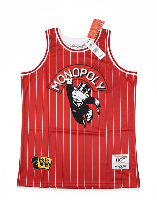 Throwback Rack Monopoly Pinstripe Basketball Jersey with Mr. Monopoly graphic and dice patch. Red and white pinstripes.