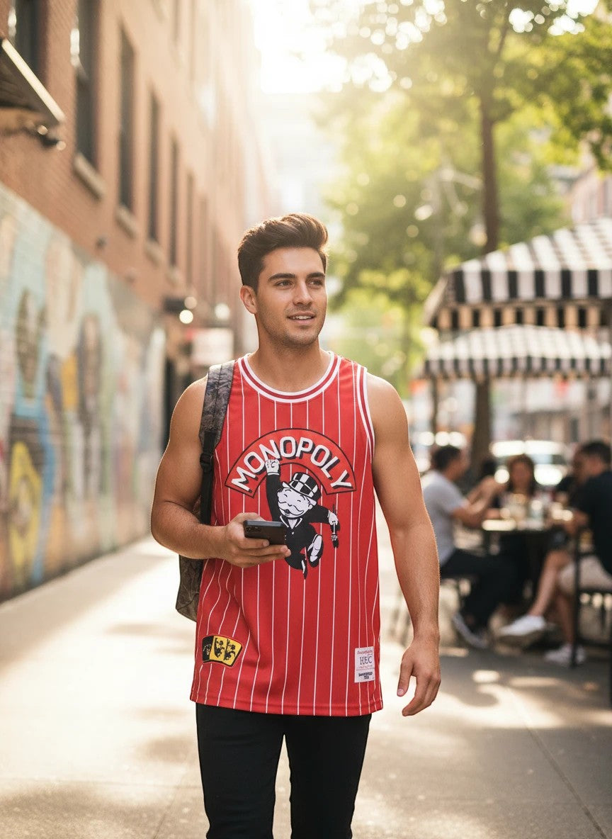 Throwback Rack red and white pinstripe Monopoly basketball jersey with Monopoly man graphic and dice patch.
