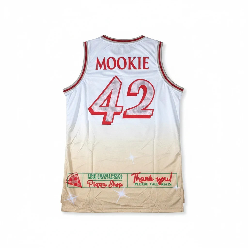 Throwback Rack Mookie 42 basketball jersey in white and tan with Sal's Pizza graphics and embroidered details.