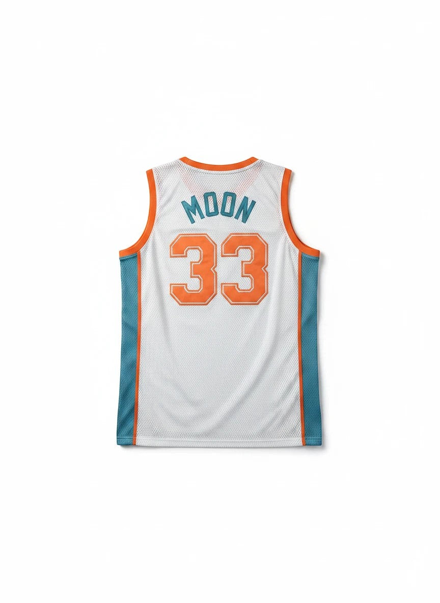Throwback Rack white basketball jersey with teal and orange trim, featuring "MOON" and "33" on the back.