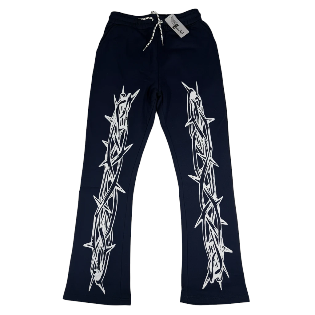 Throwback Rack navy cotton sweatpants featuring a white barbed wire graphic print and a drawstring waist.
