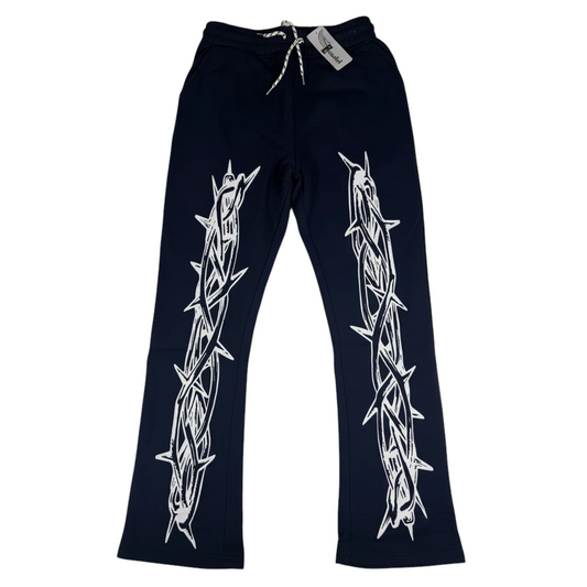 Throwback Rack navy cotton sweatpants featuring a white barbed wire graphic print and a drawstring waist.