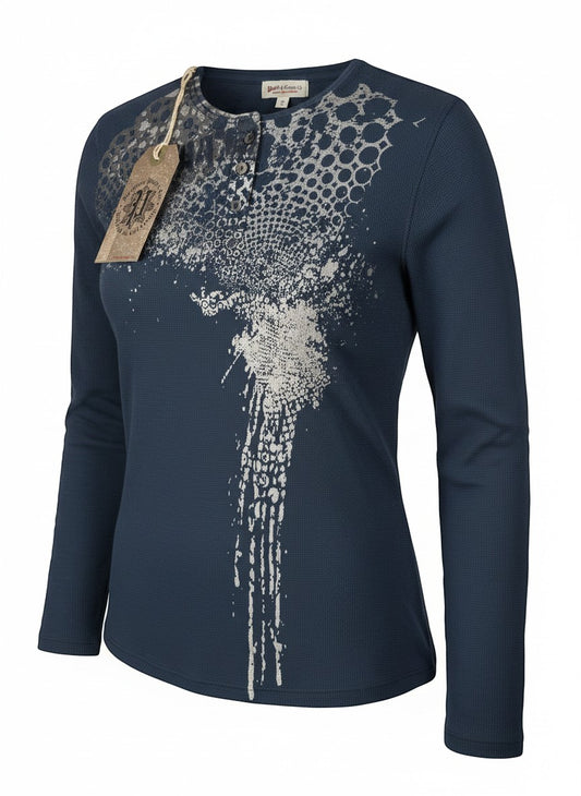 Throwback Rack navy blue Y2K thermal long sleeve shirt with distressed graphic print and henley neckline.
