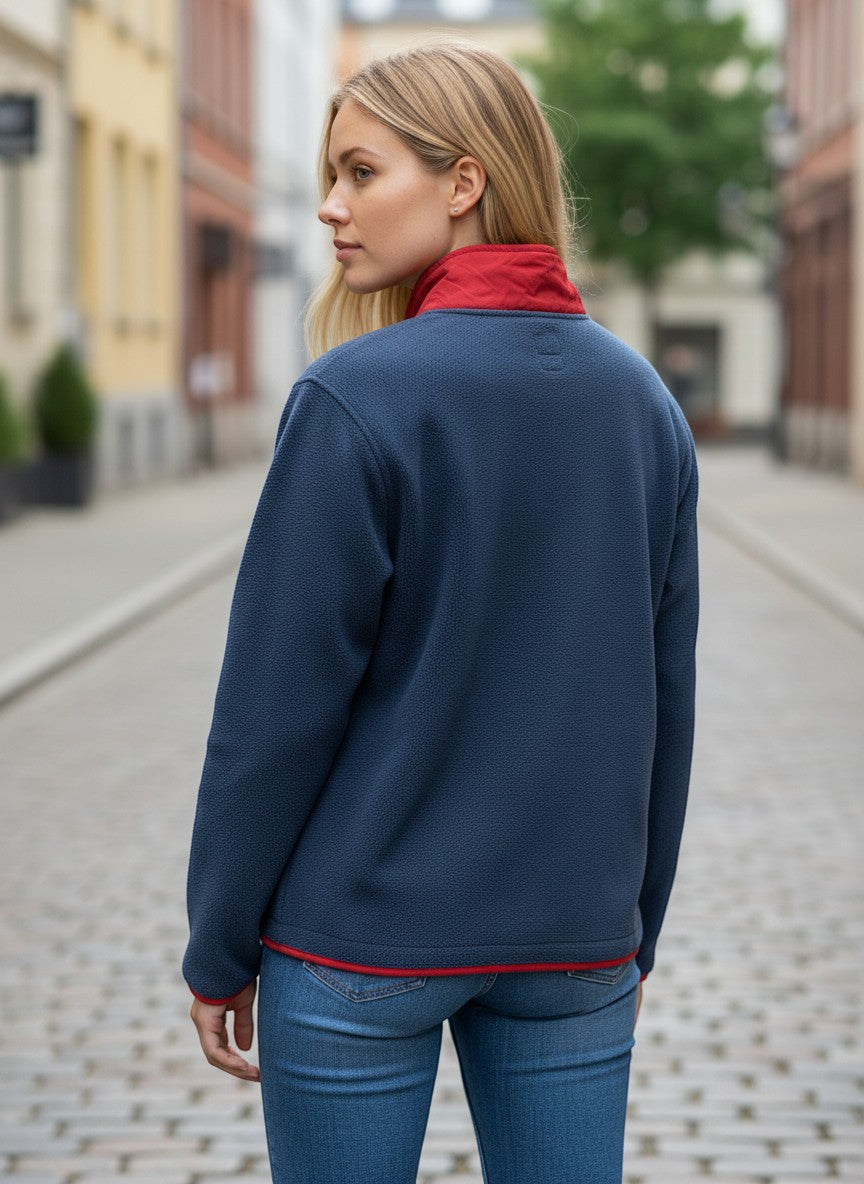 Throwback Rack navy blue fleece anorak sweatshirt with red collar and trim, 1/4 zip style.