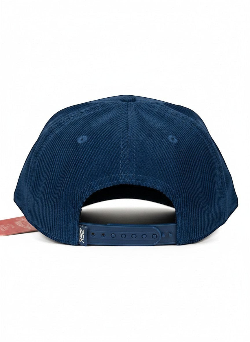 Throwback Rack navy blue corduroy Ford embroidered baseball cap with adjustable strap.