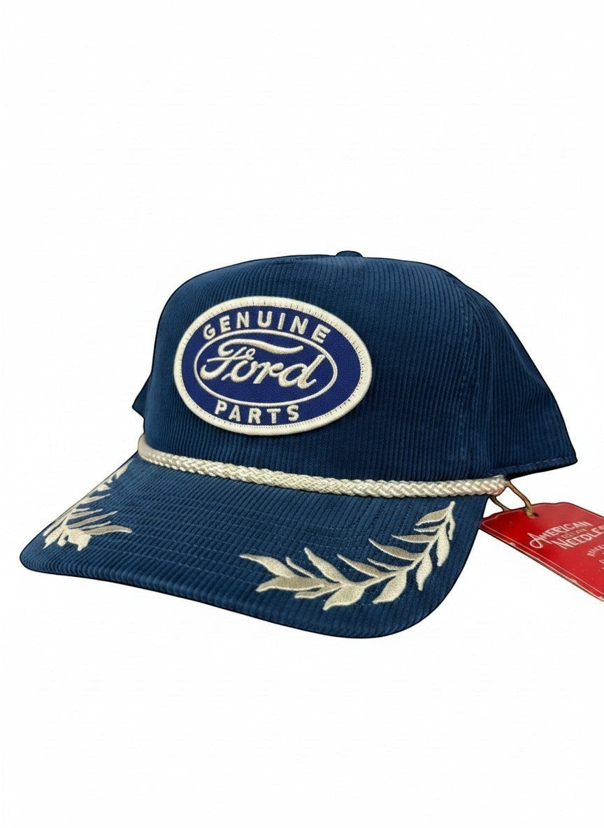 Throwback Rack navy blue corduroy baseball cap with Ford Genuine Parts embroidery and laurel leaf detail on brim.
