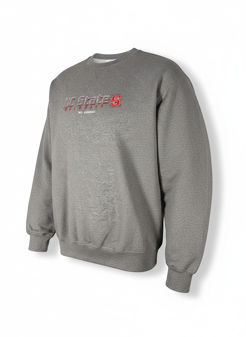 Throwback Rack grey NC State University sweatshirt with red embroidered logo and text. Vintage crewneck style.