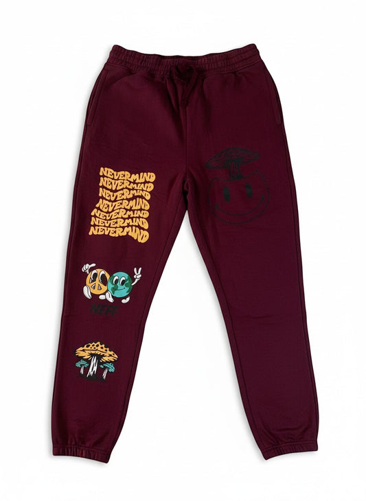 Throwback Rack Neff burgundy sweatpants with "Nevermind" graphic, peace and earth characters, and mushroom smiley face.