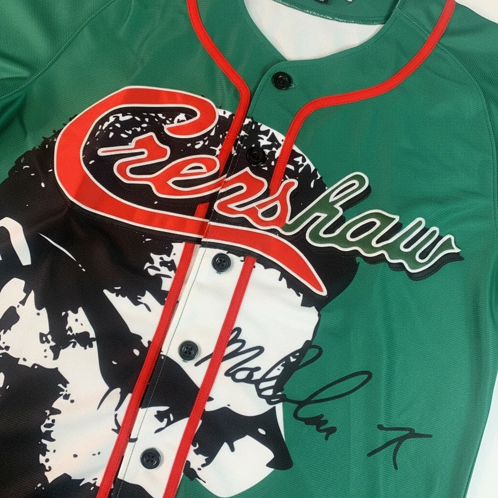 Throwback Rack green Nipsey Hussle Crenshaw graphic baseball jersey with red piping and black buttons.