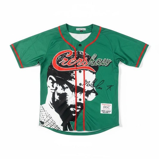 Throwback Rack green baseball jersey with Nipsey Hussle graphic and "Crenshaw" script. Red piping accents.