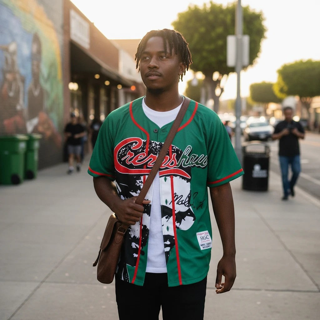 Throwback Rack green Nipsey Hussle Crenshaw baseball jersey with red piping and graphic print. Model wears it over a white tee.