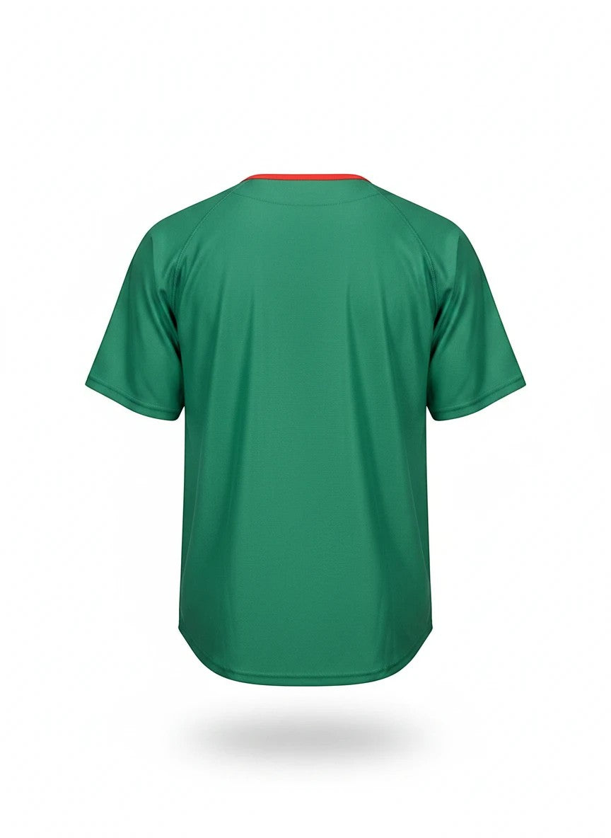 Throwback Rack green baseball jersey with Nipsey Hussle Crenshaw graphic and red piping. Breathable fabric.