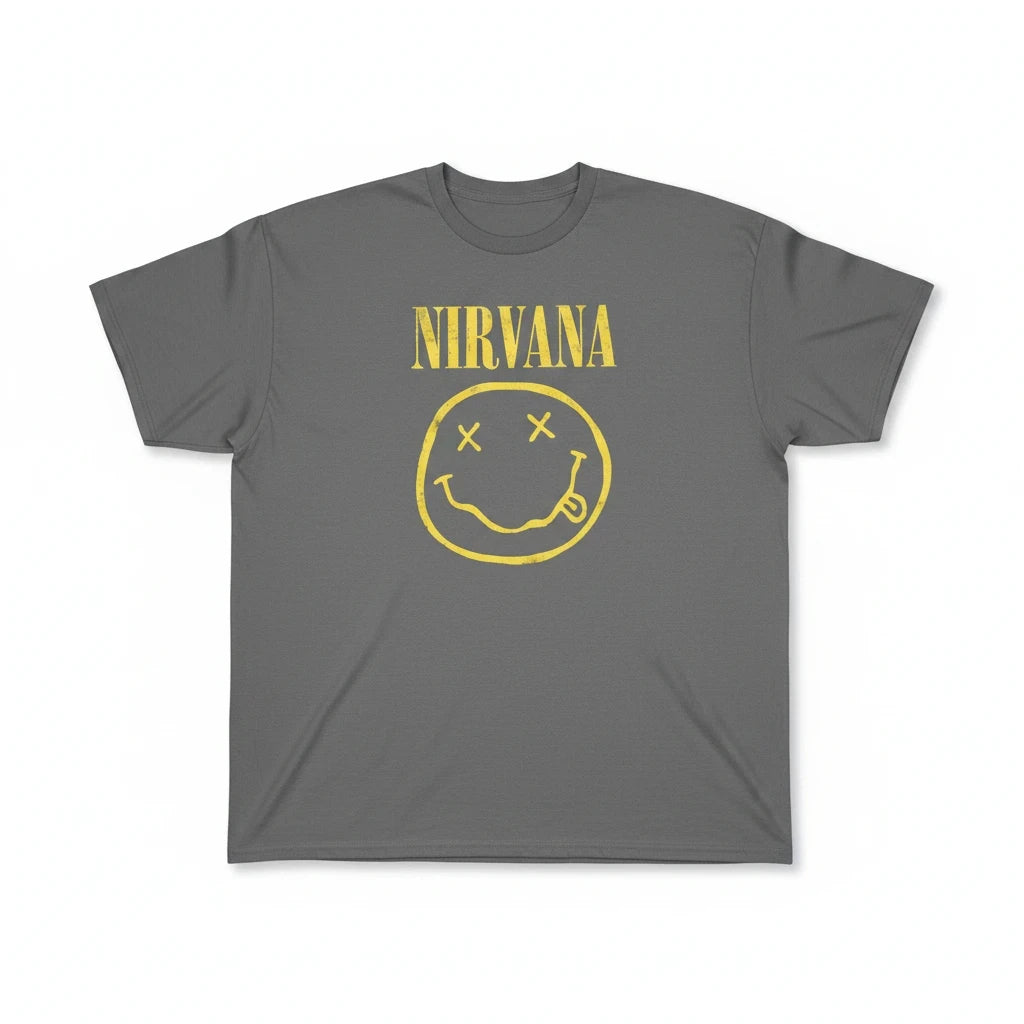 Throwback Rack charcoal grey NIRVANA short sleeve crewneck t-shirt with a distressed yellow smiley face graphic.