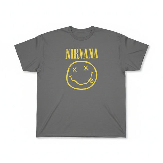Throwback Rack charcoal grey NIRVANA short sleeve crewneck t-shirt with a distressed yellow smiley face graphic.