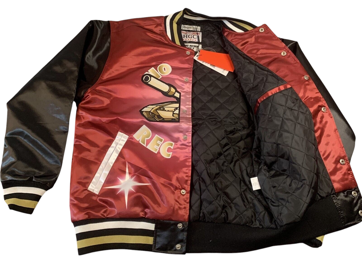 Throwback Rack No Limit Records Master P varsity jacket in red and black satin with quilted lining and tank logo