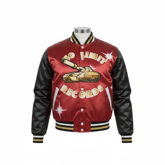 Throwback Rack No Limit Records Master P satin varsity jacket in red and black with gold tank logo and star graphics.