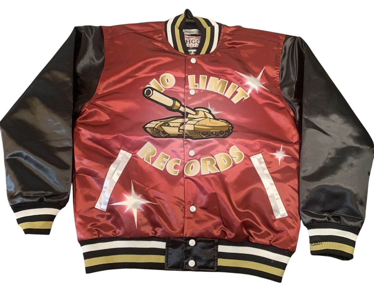 Throwback Rack No Limit Records Master P satin varsity jacket in red and black with gold tank logo and star graphics