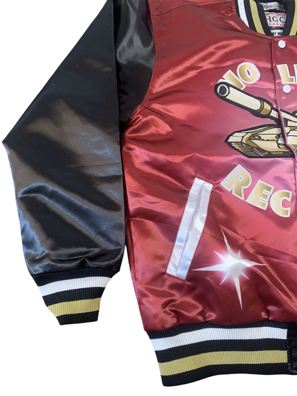 Throwback Rack No Limit Records Master P satin varsity jacket in red and black with tank logo and striped ribbed cuffs