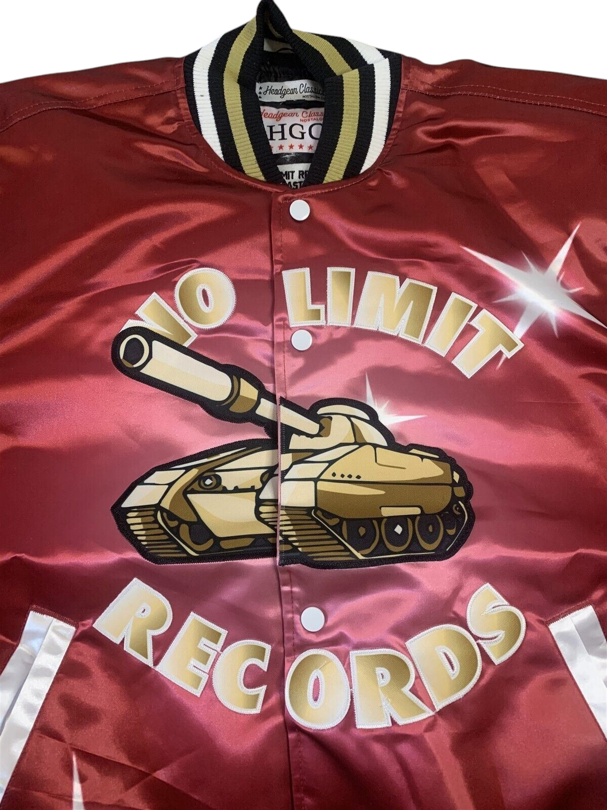 Throwback Rack No Limit Records Master P varsity jacket in red satin with gold tank logo and snap-button closure