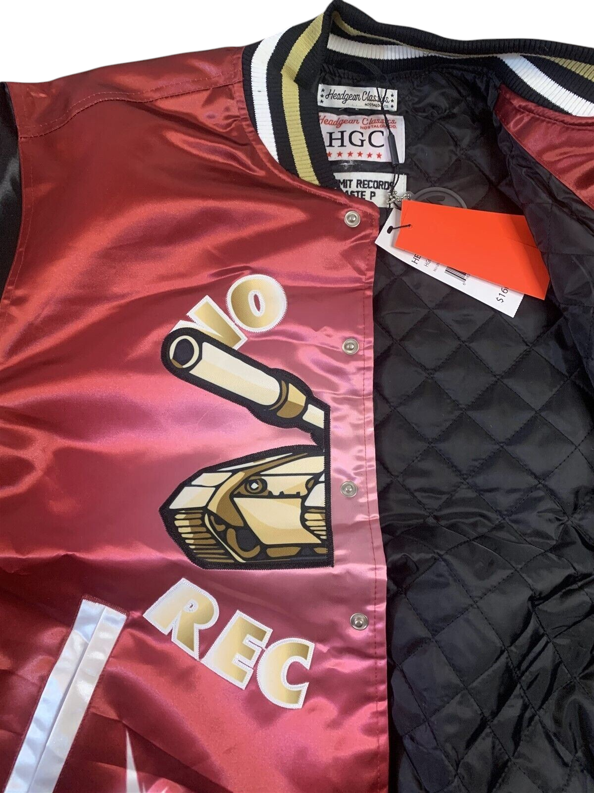 Throwback Rack No Limit Records Master P satin varsity jacket in red and black with tank logo and quilted lining