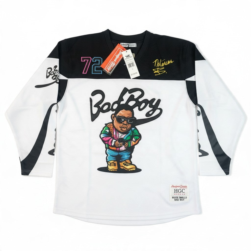 Throwback Rack Notorious B.I.G. Bad Boy hockey jersey in white and black mesh with graphic print and number 72