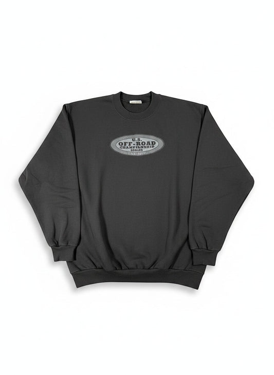 Throwback Rack dark grey crewneck sweatshirt with U.S. Off-Road Championship Series logo embroidered on the chest.