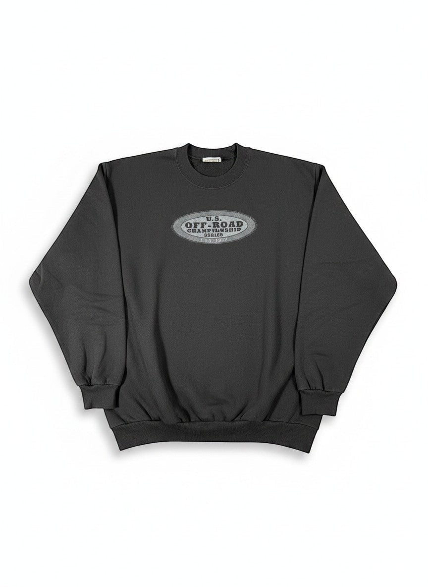 Throwback Rack dark grey crewneck sweatshirt with U.S. Off-Road Championship Series logo embroidered on the chest.