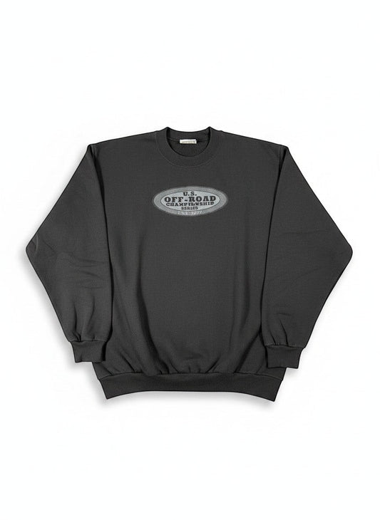 Throwback Rack dark grey crewneck sweatshirt with U.S. Off-Road Championship Series logo embroidered on the chest.