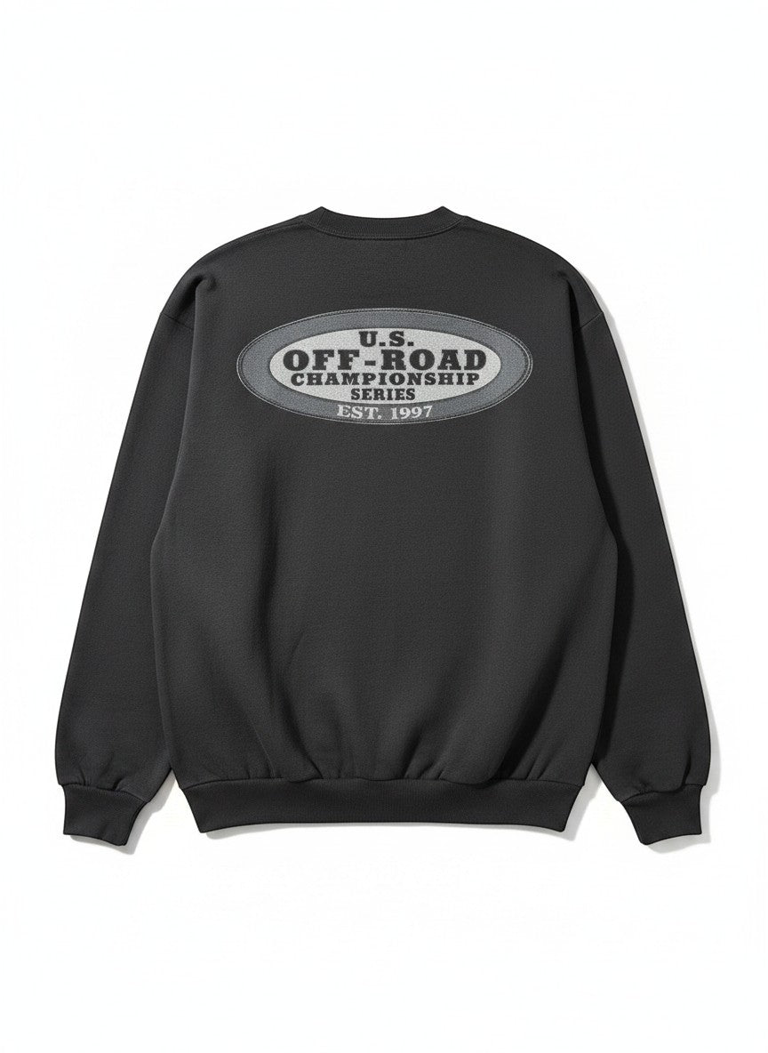 Throwback Rack dark grey crewneck sweatshirt with U.S. Off-Road Championship Series Est. 1997 oval logo on back.