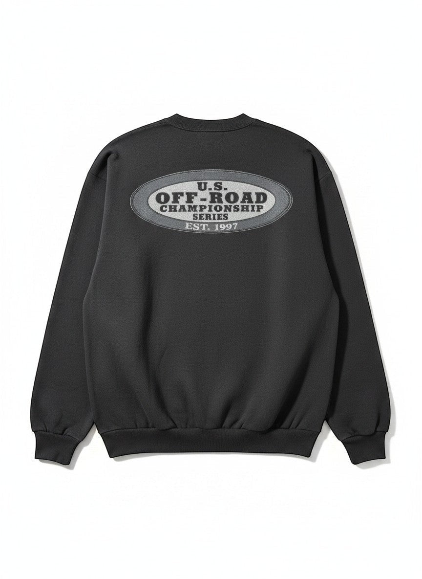 Throwback Rack dark grey crewneck sweatshirt with U.S. Off-Road Championship Series Est. 1997 oval logo on back.