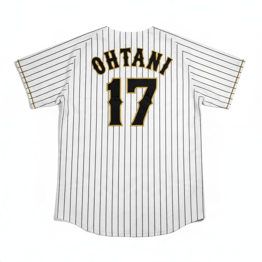 Throwback Rack Shohei Ohtani Japan baseball jersey in white with black pinstripes and number 17 on the back