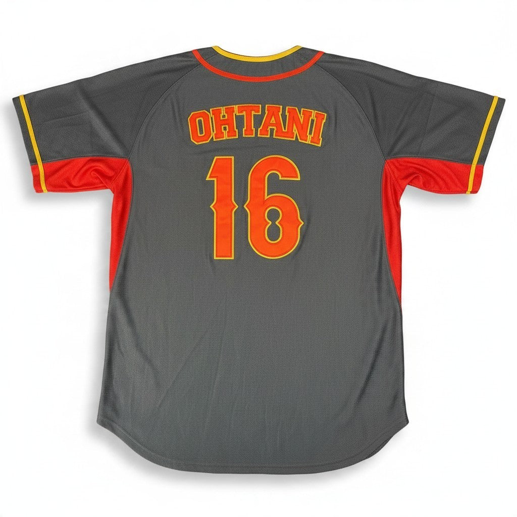 Throwback Rack charcoal Japan baseball jersey with Ohtani 16 in red and yellow tackle twill embroidery on the back