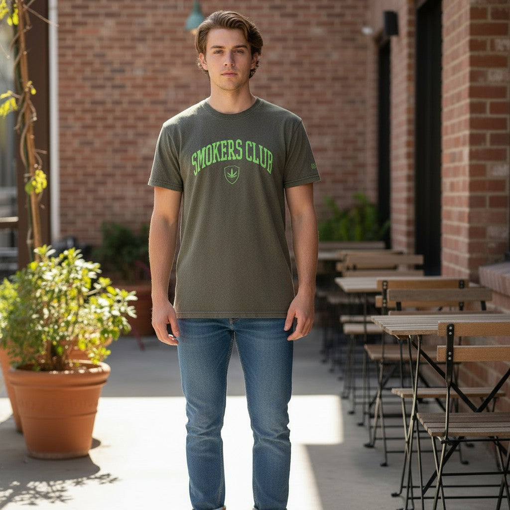 Throwback Rack olive green cotton t-shirt with green embroidered "Smokers Club" text and leaf logo.