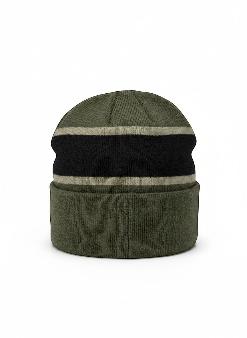 Throwback Rack olive green knit beanie with black and grey stripes. One size fits most.