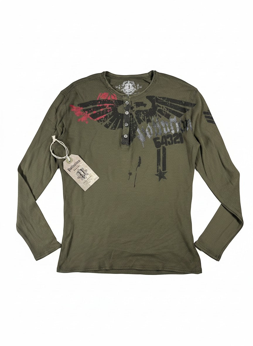 Throwback Rack olive green thermal long sleeve shirt with distressed eagle graphic and button henley neckline.