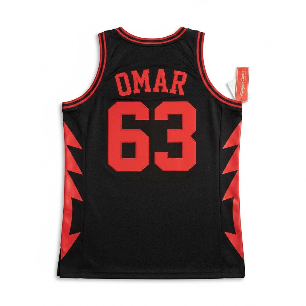 Throwback Rack black and red mesh basketball jersey featuring OMAR and number 63 on the back with side lightning details.