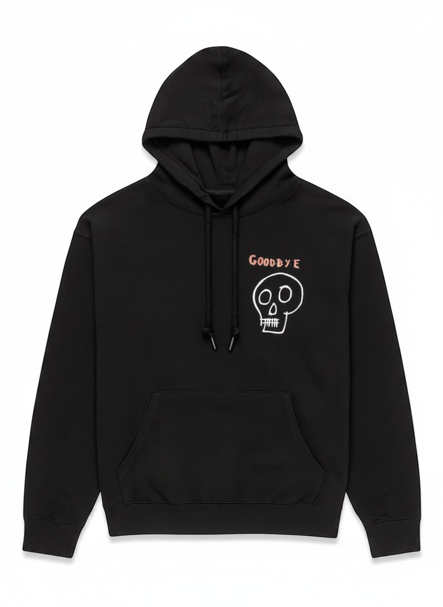 Throwback Rack black graphic hoodie with a white skull and coral "GOODBYE" on front, Ouija board on back.