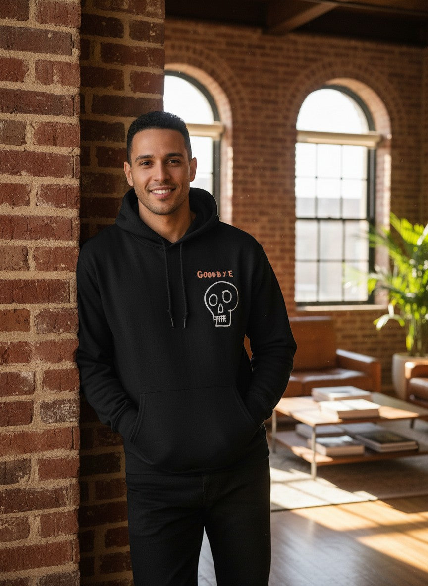 Throwback Rack black graphic hoodie with white skull and coral "GOODBYE" on front, Ouija board on back.