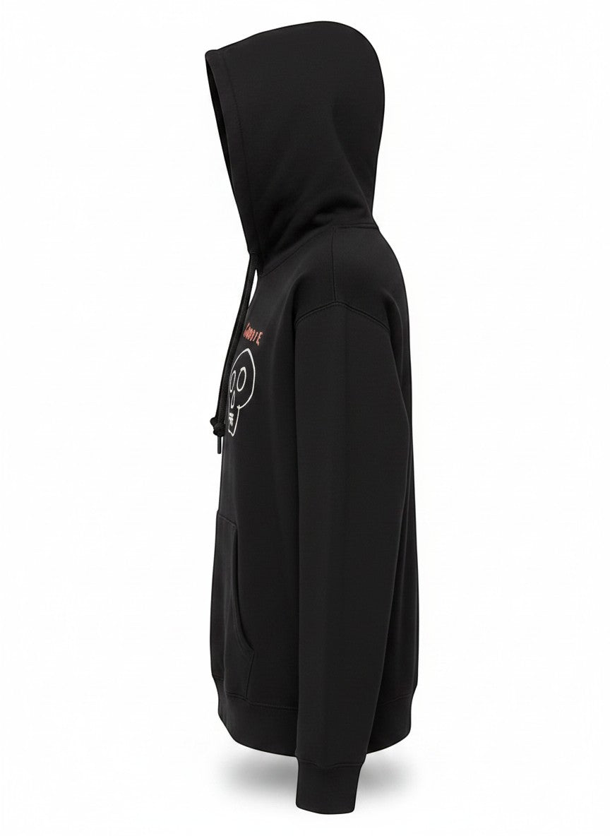 Throwback Rack black graphic print hoodie with skull and "GOODBYE" on front, Ouija board on back.
