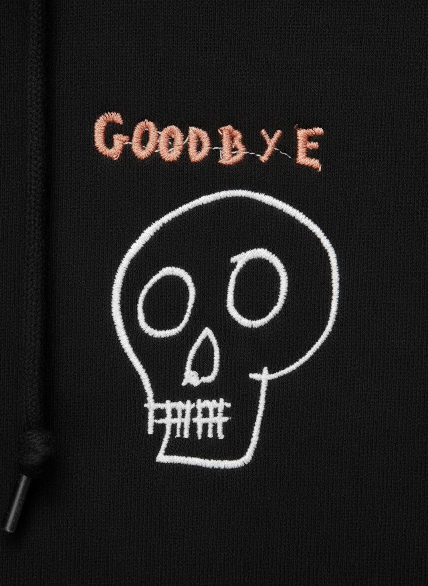 Throwback Rack black hoodie with white skull graphic and coral "GOODBYE" text. Features Ouija board design on back.