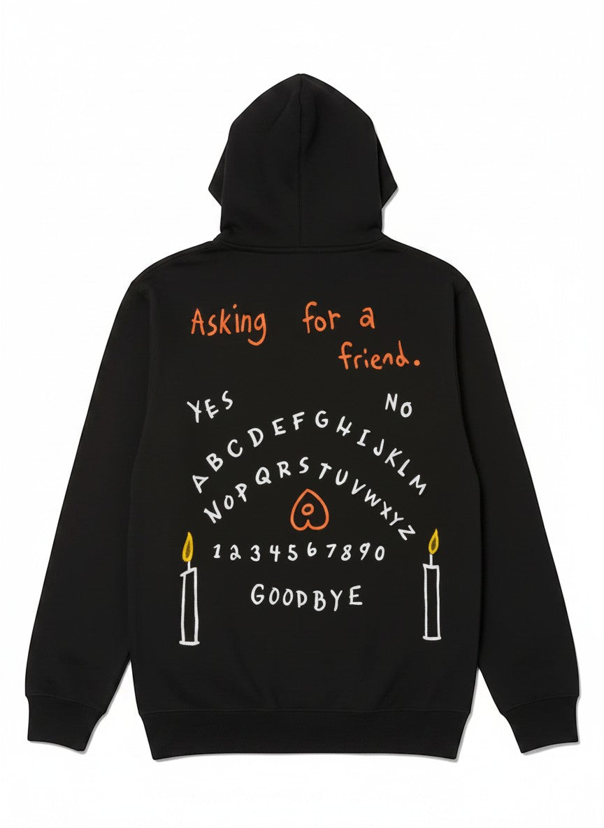 Throwback Rack black graphic print hoodie with Ouija board design, candles, and "Asking for a friend" text.