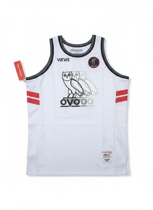 Throwback Rack white OVO Drake Views basketball jersey with red side stripes, black trim, and owl graphic logo.
