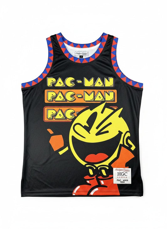 Throwback Rack black polyester basketball jersey with Pac-Man graphic and repeating text. Features red and blue trim.