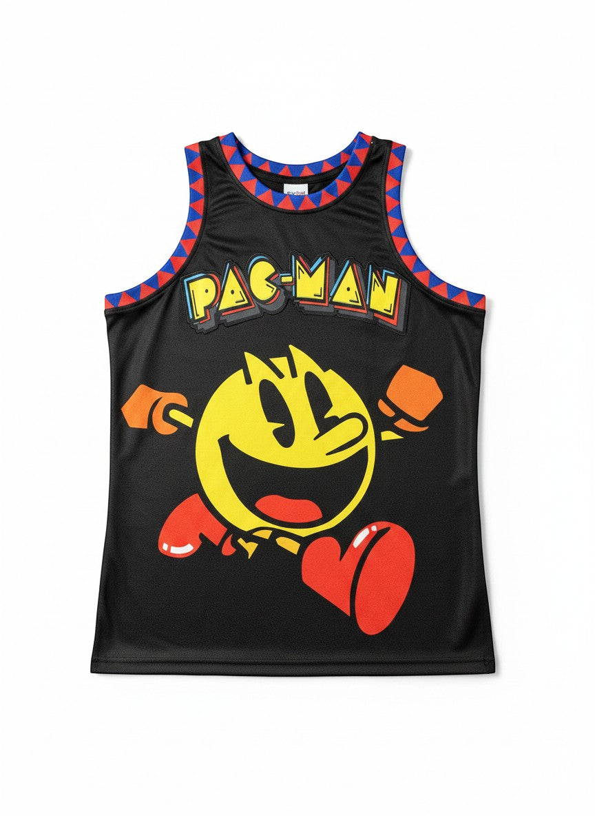 Throwback Rack black polyester basketball jersey with Pac-Man graphic and red, blue, and yellow trim.
