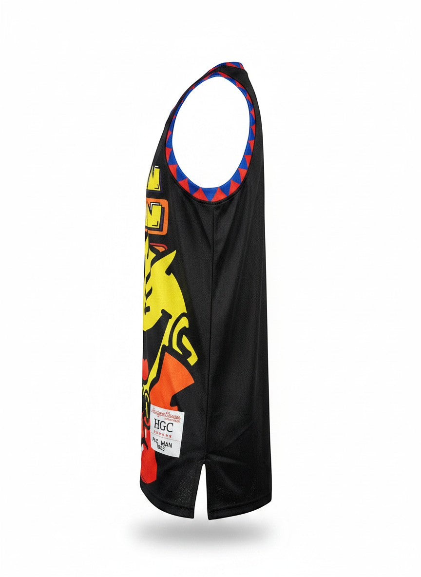 Throwback Rack PAC MAN black basketball jersey with yellow, red, and blue graphic details. Made of polyester.