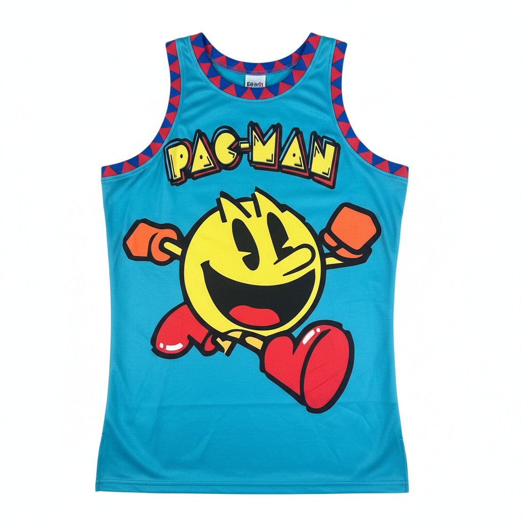 Throwback Rack PAC MAN basketball jersey in blue with graphic print of PAC MAN character. Sleeveless, polyester material.