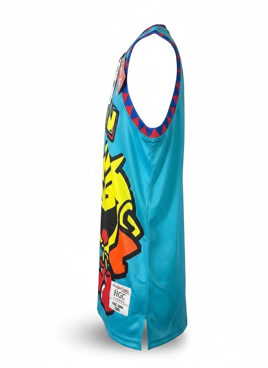 Throwback Rack Pac-Man teal graphic basketball jersey with red and blue trim. Features iconic character and logo.