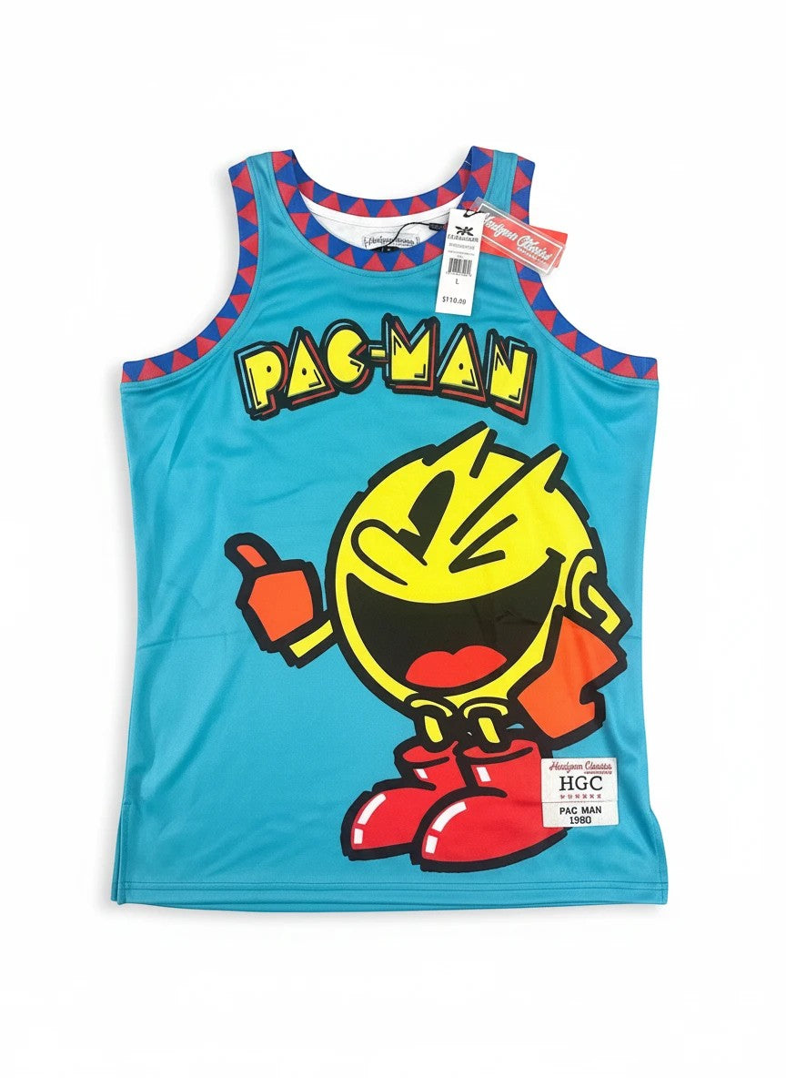 Throwback Rack Pac-Man teal graphic basketball jersey with red and blue trim. Features Pac-Man character and logo.